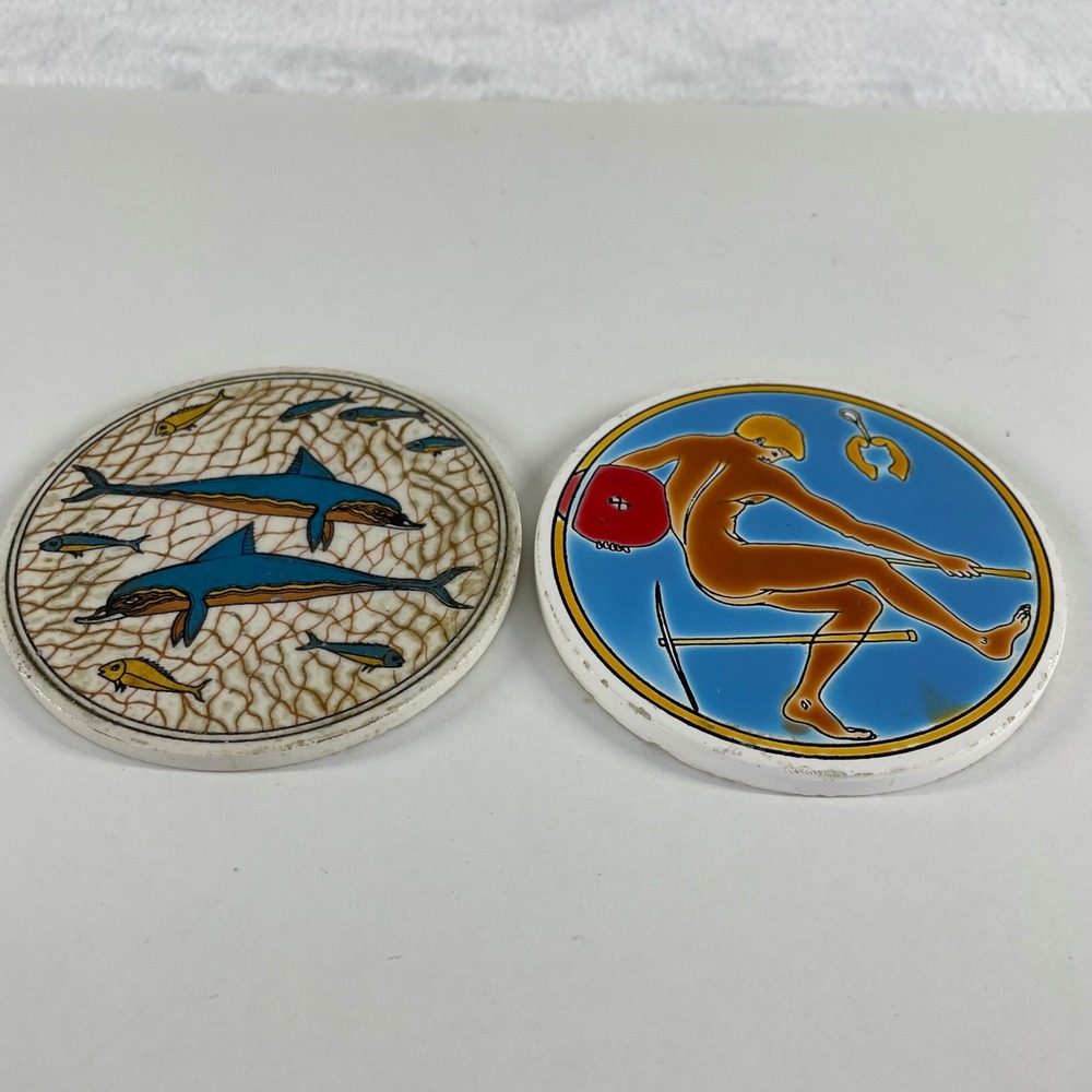 Vintage Greek Ceramic Coasters Set of 2 Niarchos Maltotechniki Handmade Greece